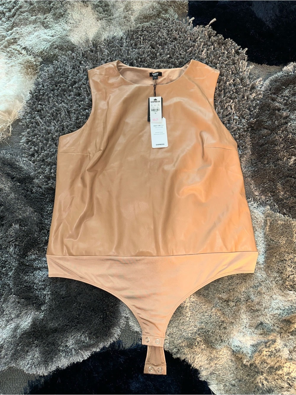 Express Tan Faux Leather Sleeveless Bodysuit Size XL NWT